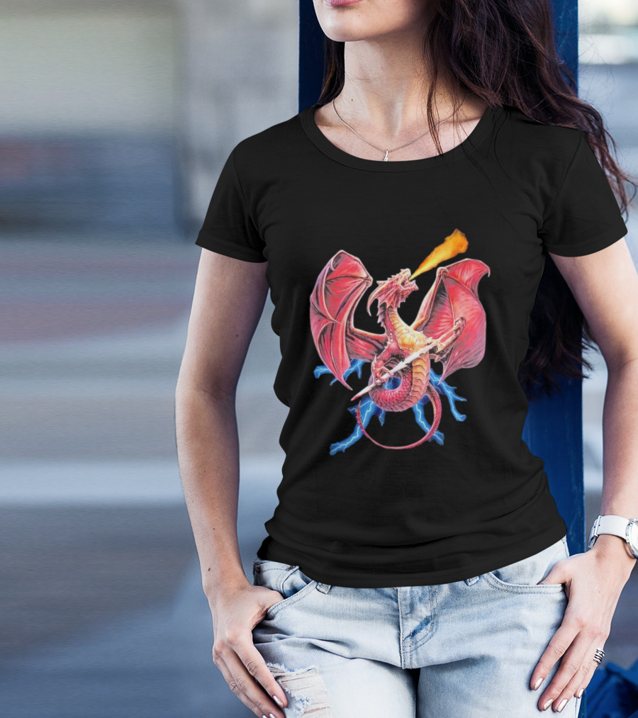 Red Dragon Breathing Fire Holding Sword Flying With Lightning In Background T-Shirt