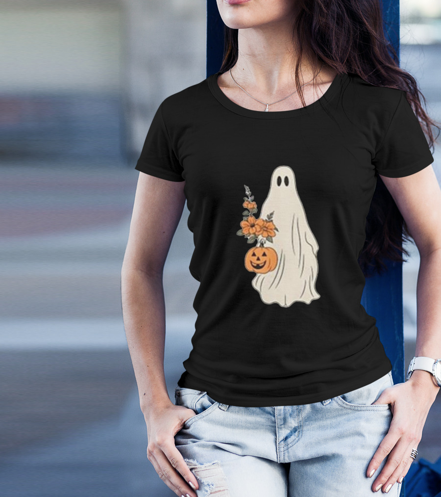 Vintage Halloween Ghost With Floral Bouquet And Pumpkin T-Shirt