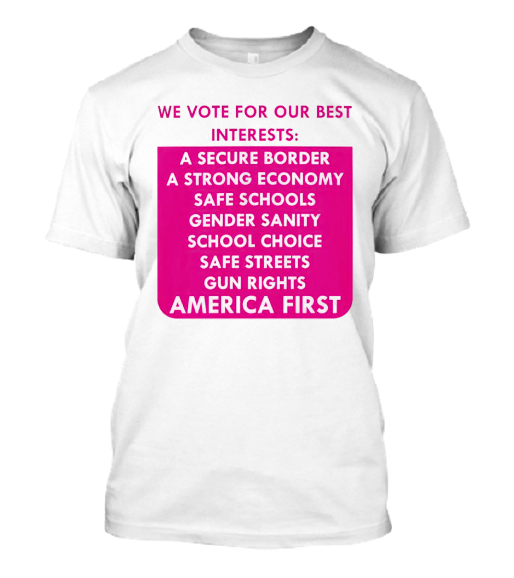 We Vote For Our Best Interests Secure Border Strong Economy Safe Schools Gender Sanity School Choice Safe Streets Gun Rights America First T-Shirt