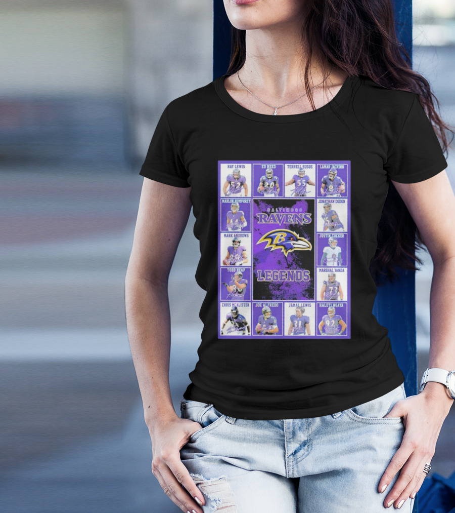 Signatures Of Baltimore Ravens Legends Featuring Ray Lewis Ed Reed Terrell Suggs Lamar Jackson Jonathan Ogden Justin Tucker T-Shirt