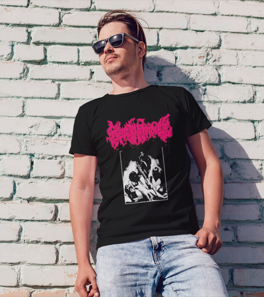 Gorehammer Graphic In Pink Gothic Font With Monochrome Horror Scene T-Shirt
