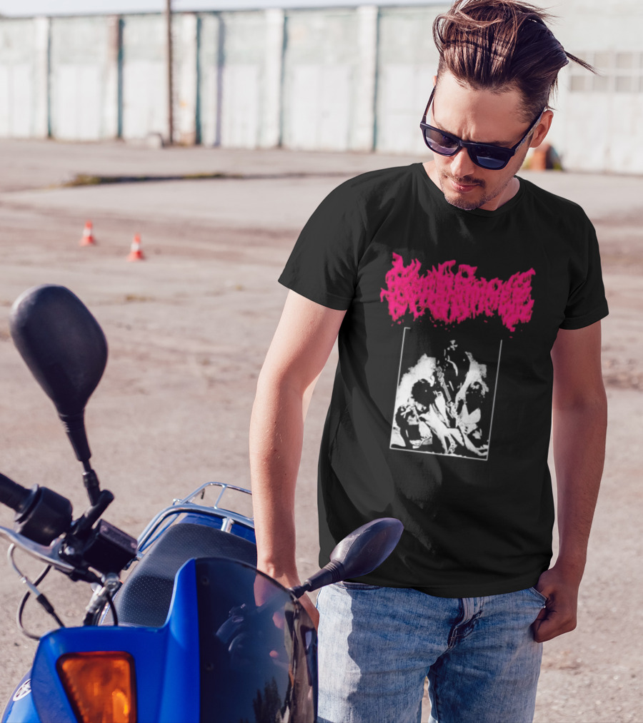 Gorehammer Graphic In Pink Gothic Font With Monochrome Horror Scene T-Shirt