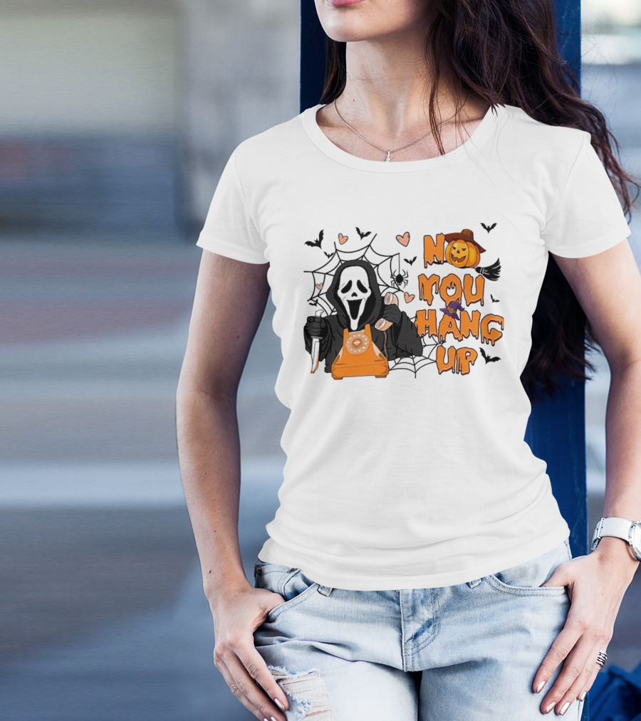 No You Hang Up Ghost With Pumpkin Phone Halloween Bats And Cobwebs T-Shirt