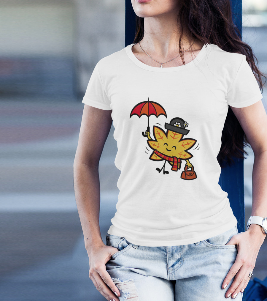 Mary Autumn Leaf With Umbrella And Bag T-Shirt