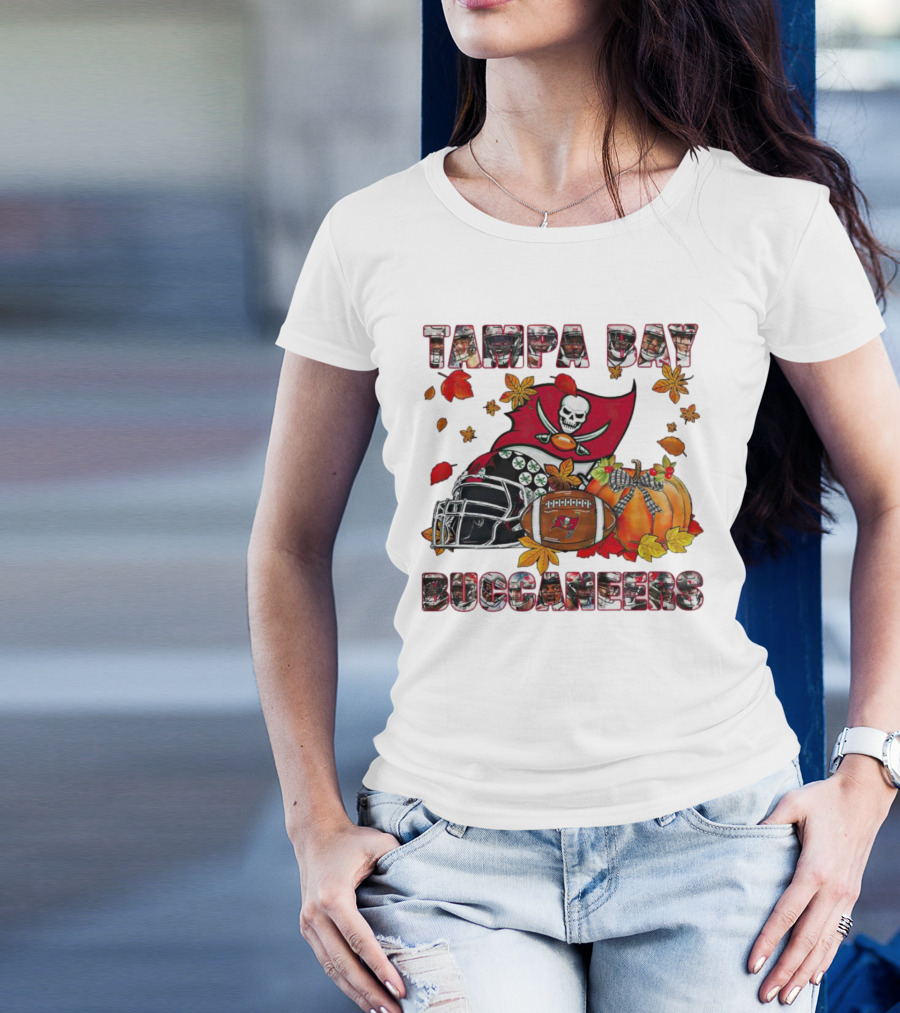 Tampa Bay Buccaneers Helmet Pumpkin Fall Football Leaves T-Shirt