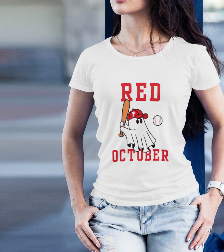 Phillies Red October Ghost Baseball Player In Cap And Bat T-Shirt