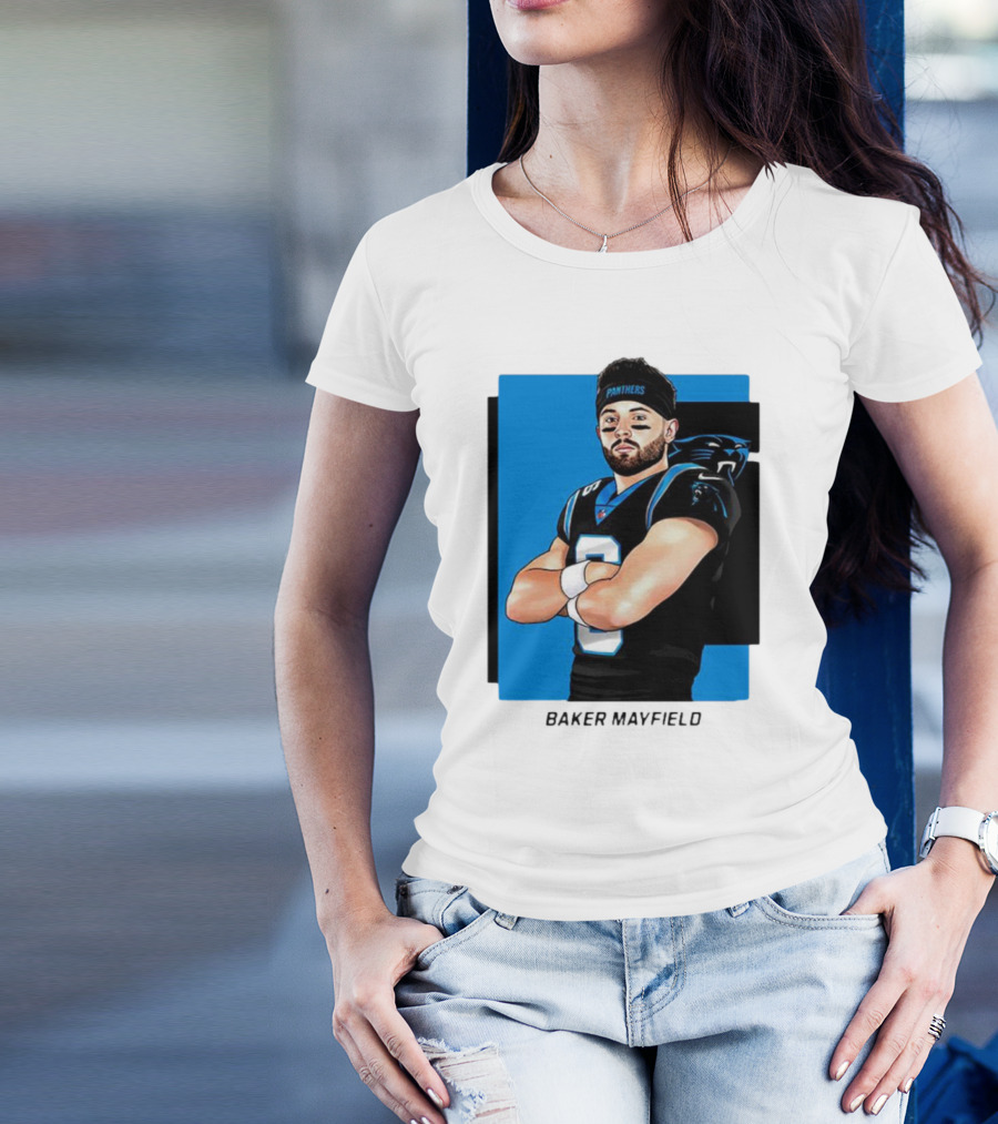 Carolina Panthers Baker Mayfield Artwork With Team Uniform T-Shirt