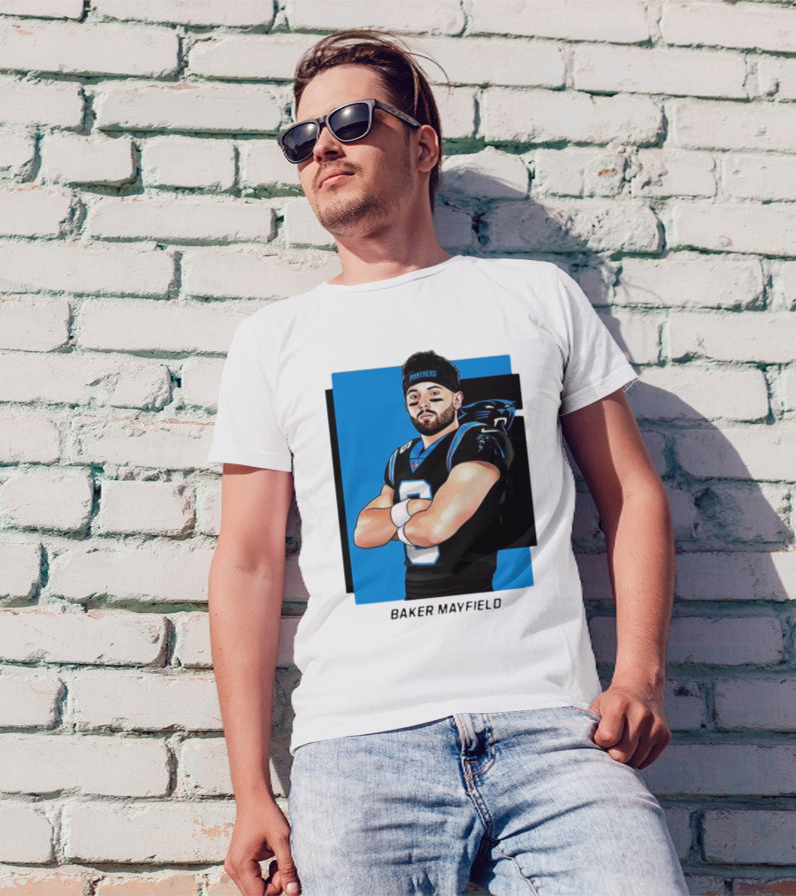 Carolina Panthers Baker Mayfield Artwork With Team Uniform T-Shirt