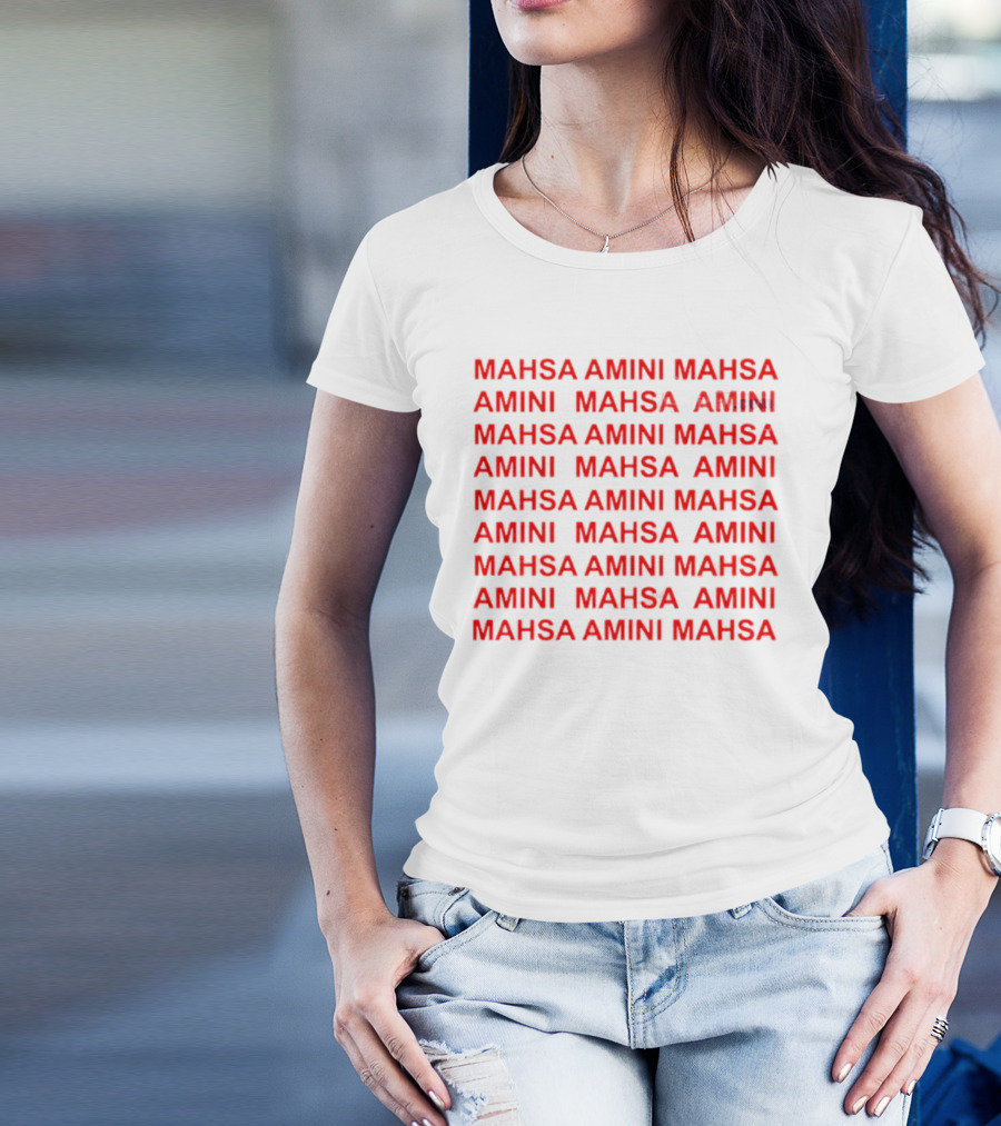 Mahsa Amini Red Repeated Text T-Shirt