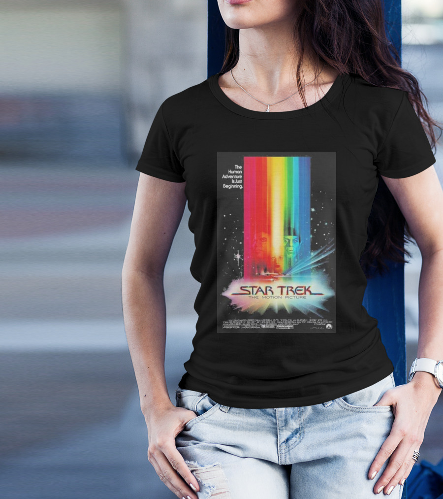 Star Trek The Motion Picture The Human Adventure Is Just Beginning Colorful Light Beams And Starry Background T-Shirt