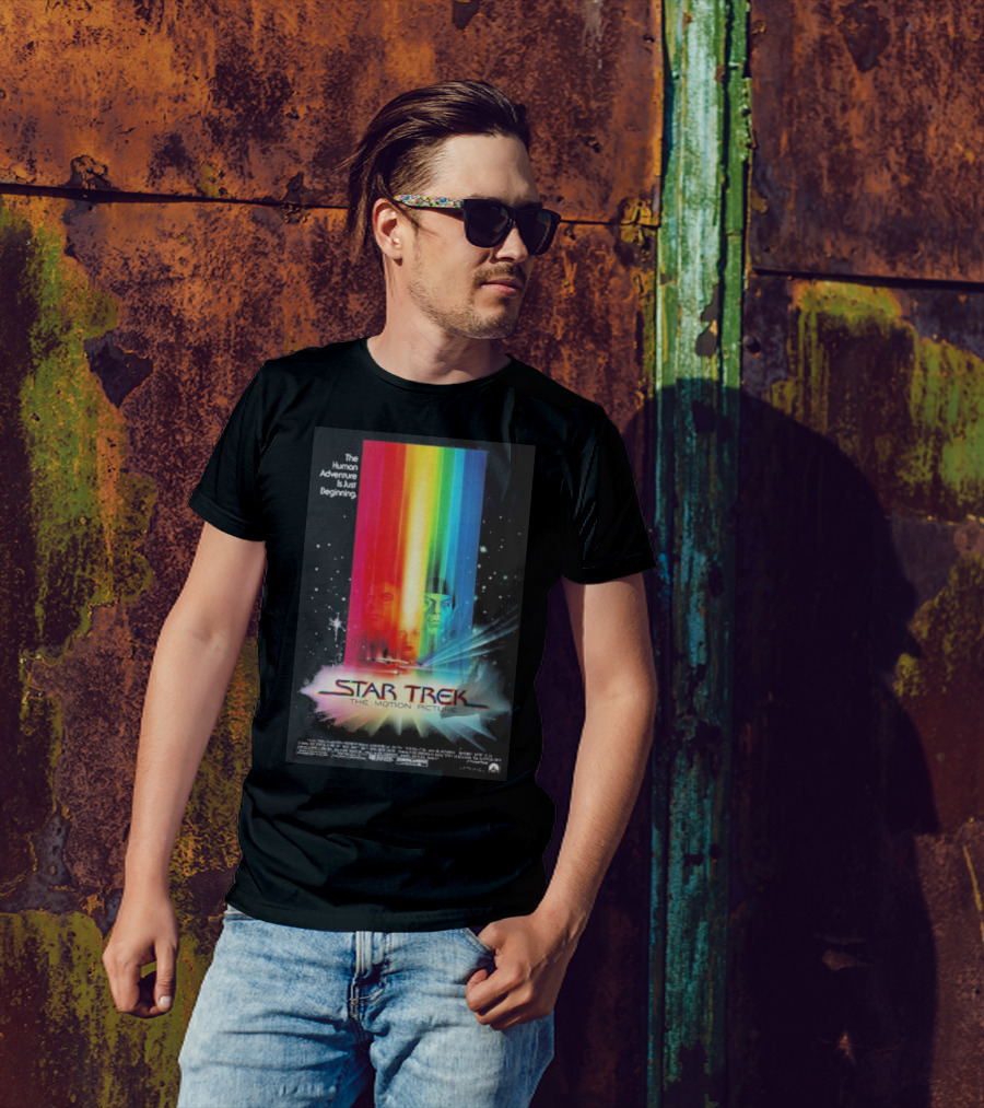 Star Trek The Motion Picture The Human Adventure Is Just Beginning Colorful Light Beams And Starry Background T-Shirt