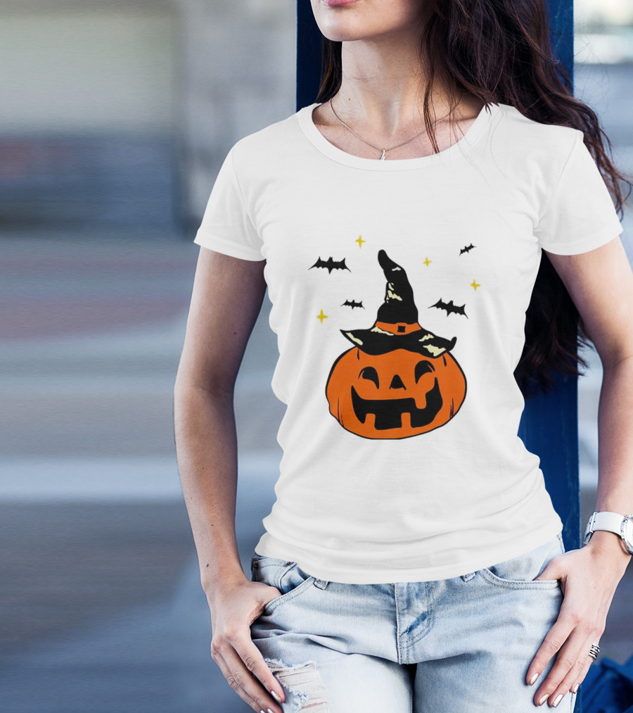 Jack-o’-lantern Witch Hat Bats Stars Halloween T-Shirt