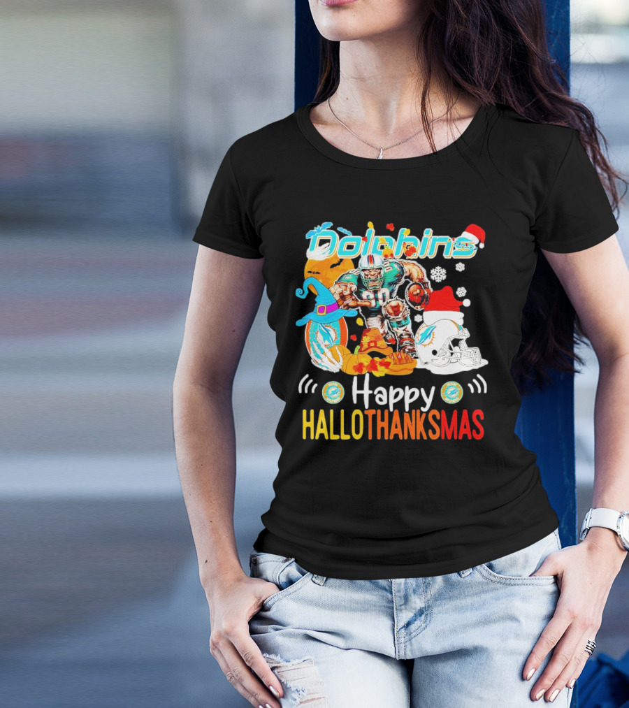 Miami Dolphins Mascot Happy Hallothanksmas Football Festive T-Shirt