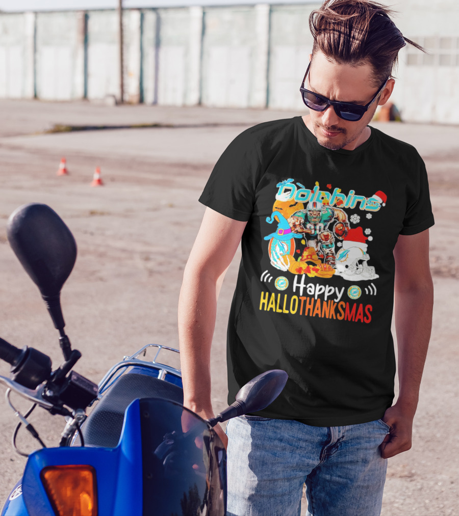 Miami Dolphins Mascot Happy Hallothanksmas Football Festive T-Shirt