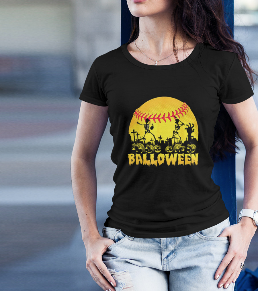Balloween Softball Halloween Pumpkin Skeletons Graveyard T-Shirt