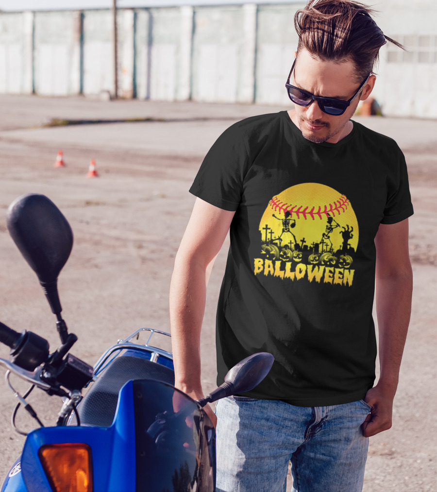 Balloween Softball Halloween Pumpkin Skeletons Graveyard T-Shirt