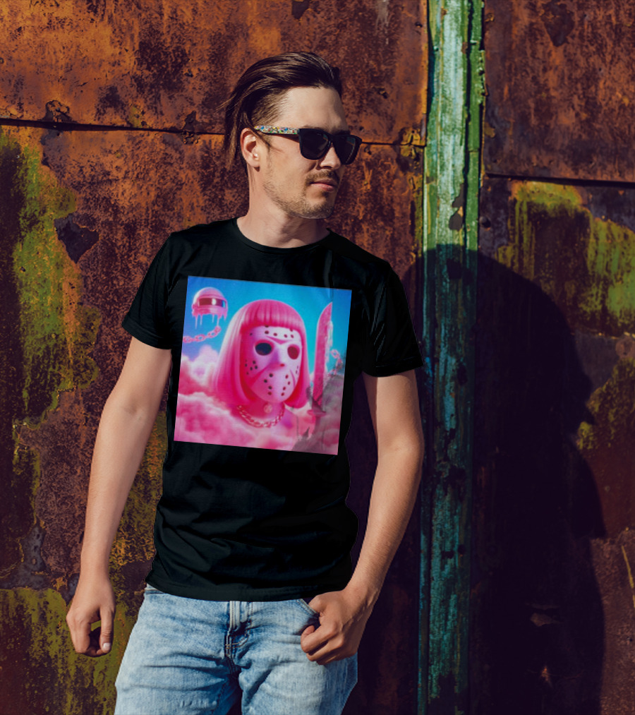 Pink Friday The 13th Jason Hockey Mask And Knife In Pink Clouds T-Shirt