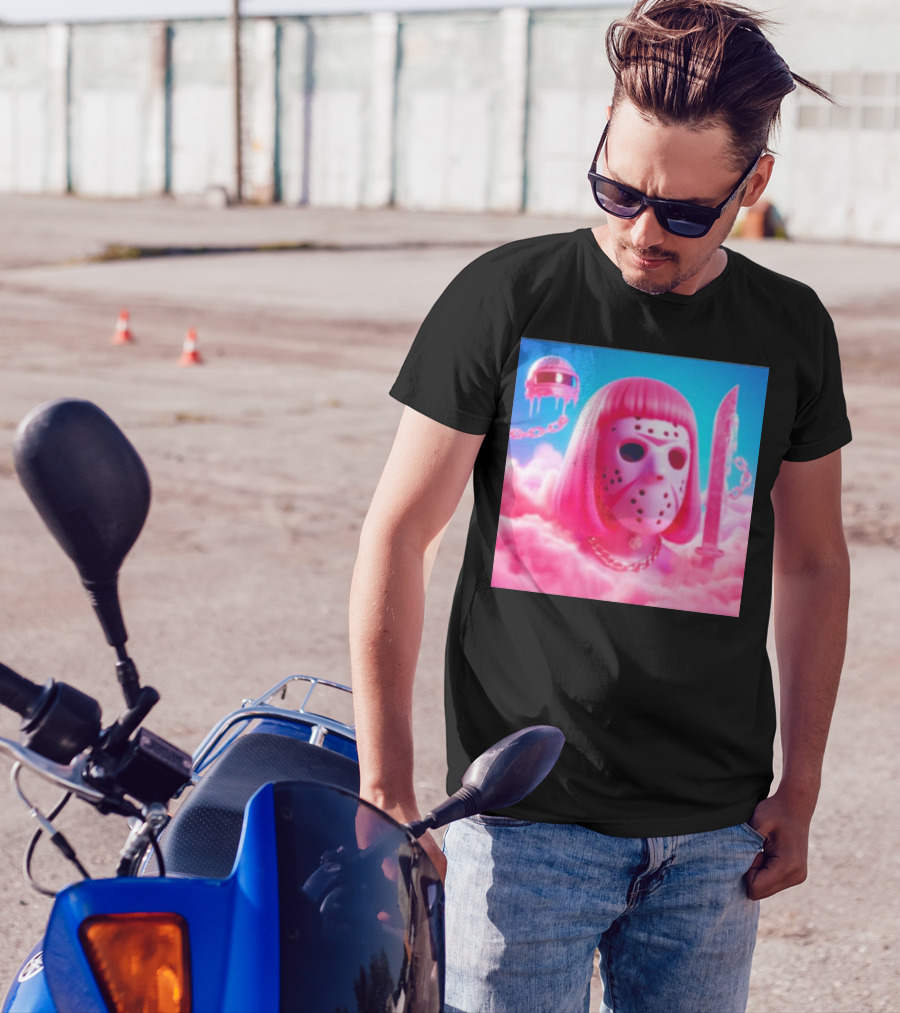 Pink Friday The 13th Jason Hockey Mask And Knife In Pink Clouds T-Shirt
