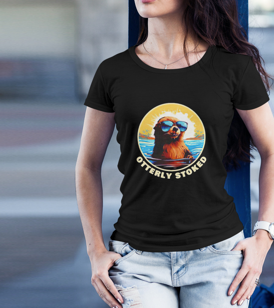 Otterly Stoked Sunglasses Otter With Tropical Ocean Background T-Shirt