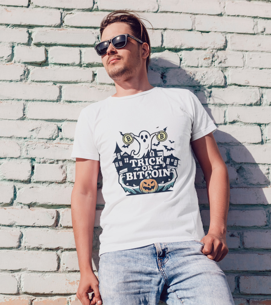 Trick Or Bitcoin Ghost Halloween With Pumpkins And Coins T-Shirt