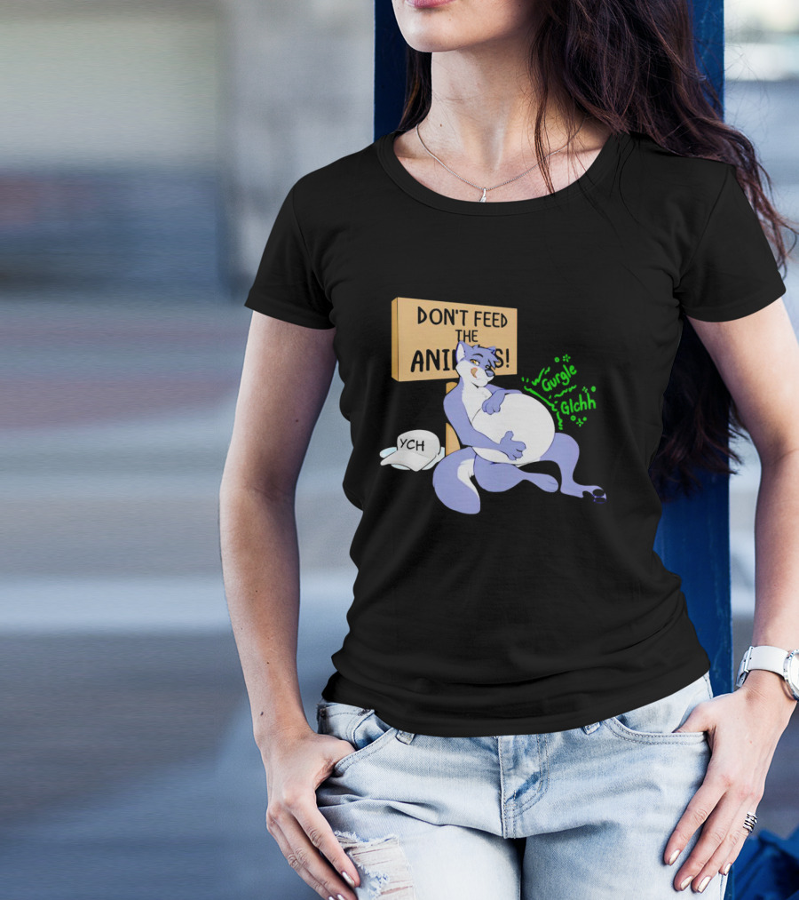 Don't Feed The Animals Gurgle Glchh YCH Sign With Full-Bellied Purple Cartoon Character T-Shirt