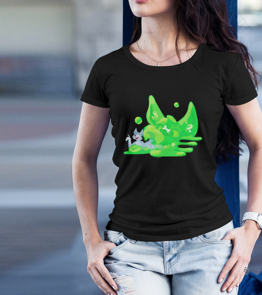 Gelatinous Dog Cartoon Slime With Playful Grey Pup And Green Ooze T-Shirt