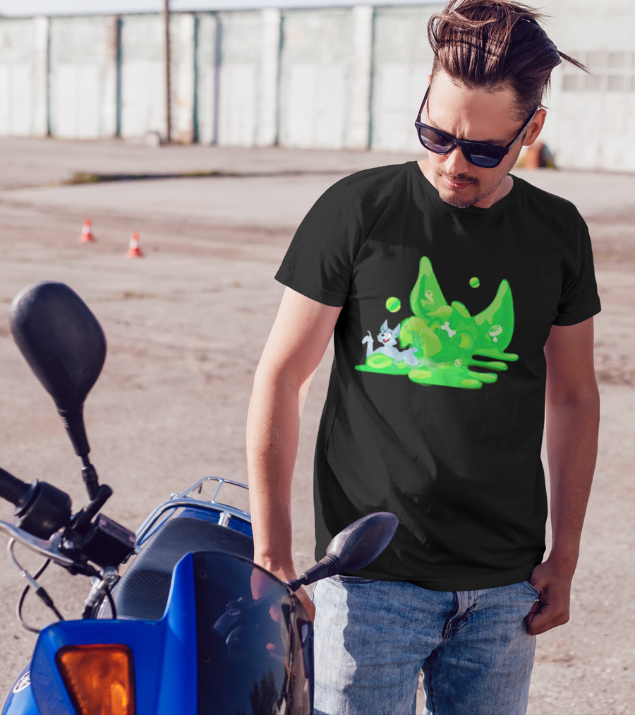 Gelatinous Dog Cartoon Slime With Playful Grey Pup And Green Ooze T-Shirt