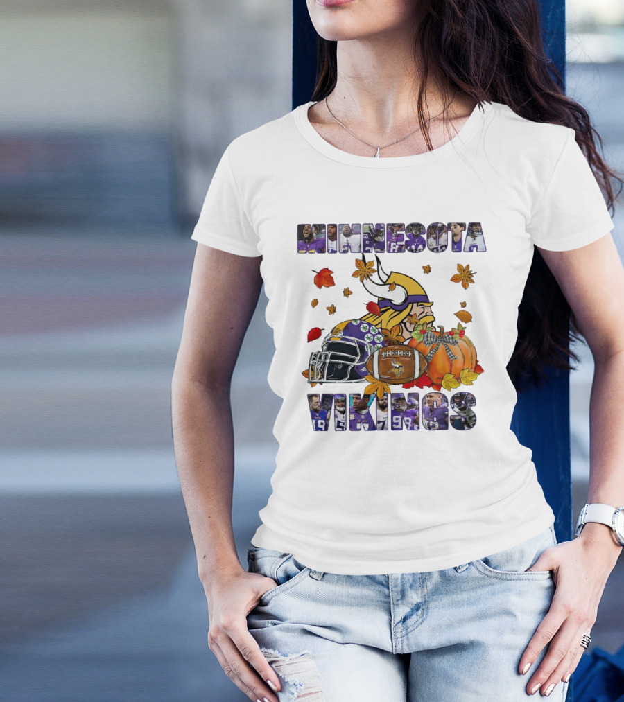Minnesota Vikings Football Fall Leaves Helmet Pumpkin T-Shirt