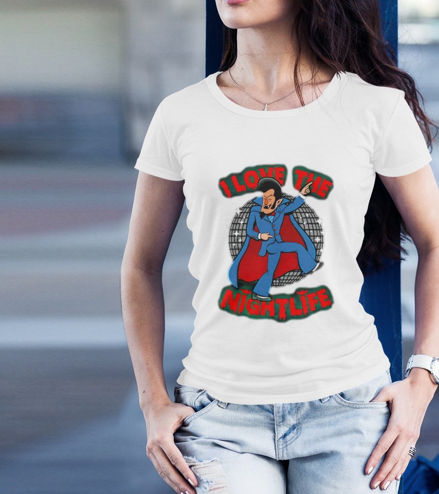 I Love The Nightlife Dracula Disco Dancing With Cape And Disco Ball T-Shirt