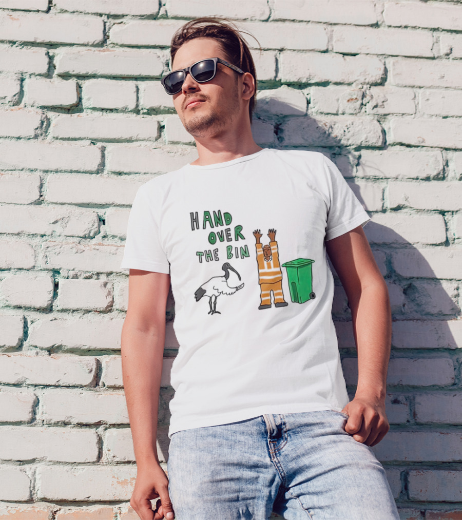 Hand Over The Bin Garbage Collector And Bird Cartoon Scene T-Shirt