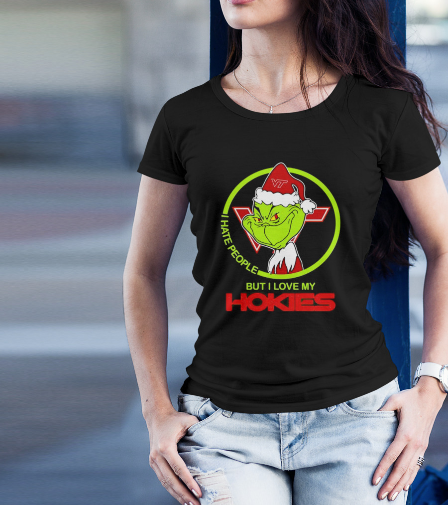 I Hate People Grinch Loves Hokies Christmas VT Santa Hat T-Shirt