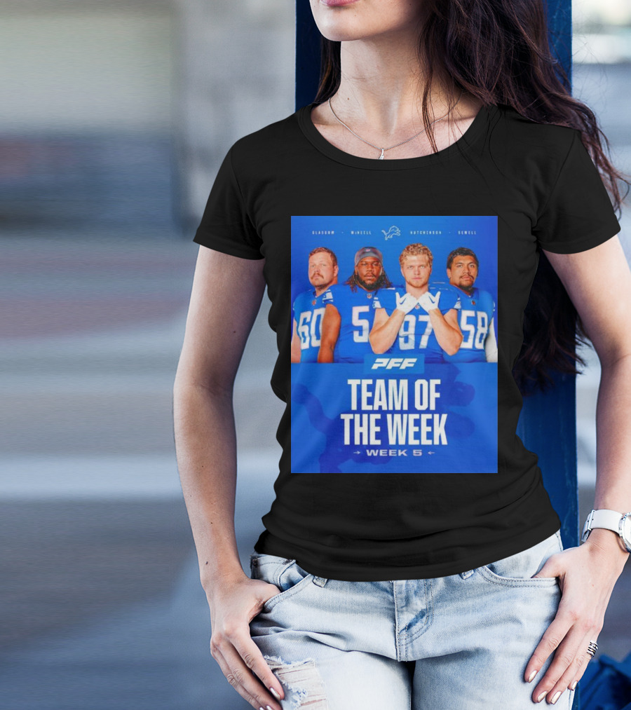PFF Detroit Lions Glasgow McNeill Hutchinson Sewell Team Of The Week Week 5 T-Shirt