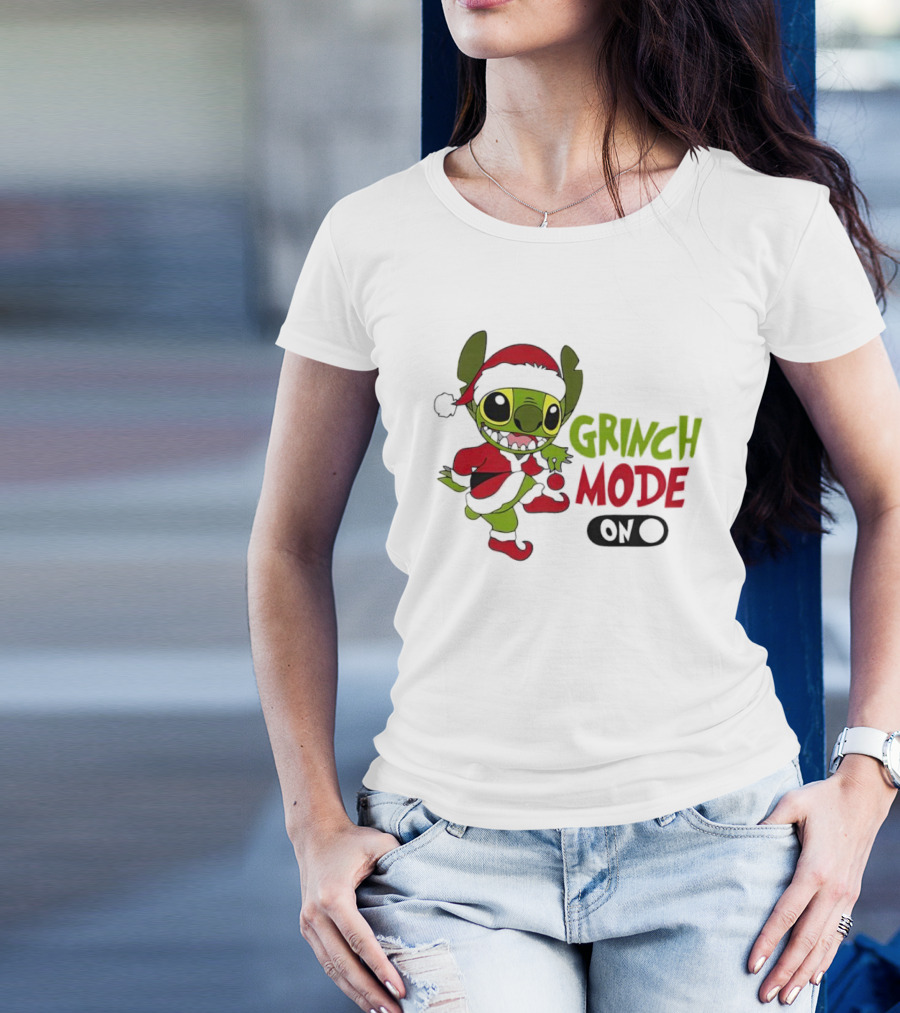 Stitch Grinch Mode On Christmas Santa Hat Festive T-Shirt