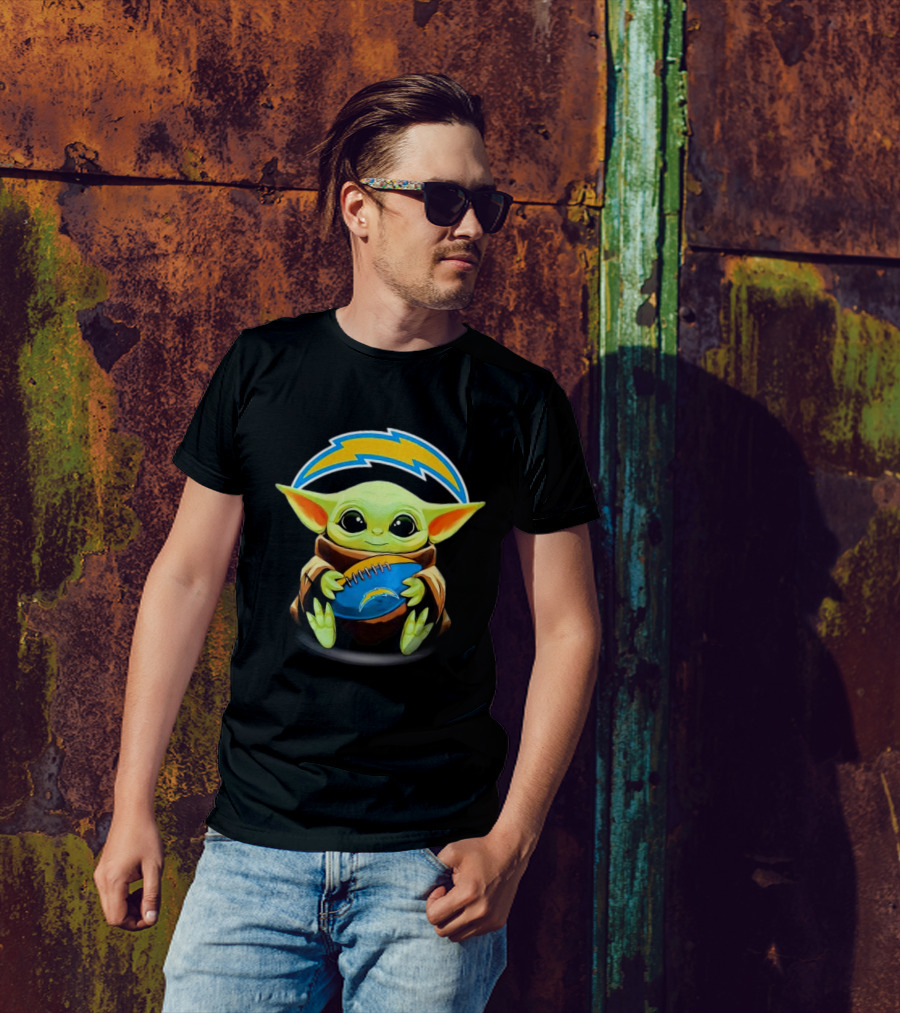 Baby Yoda Holding Los Angeles Chargers Football T-Shirt