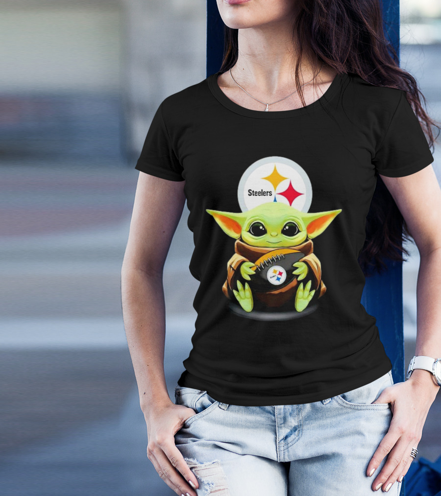 Baby Yoda Holding Pittsburgh Steelers Football T-Shirt