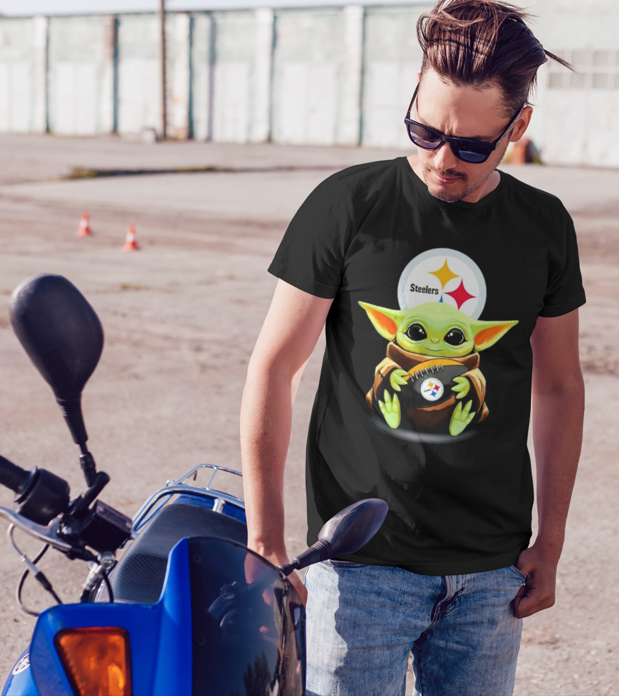Baby Yoda Holding Pittsburgh Steelers Football T-Shirt