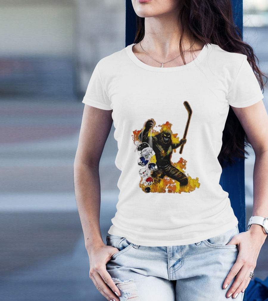 Evil Fire Hockey Player Holding Chicago Blackhawks And NHL Helmets T-Shirt