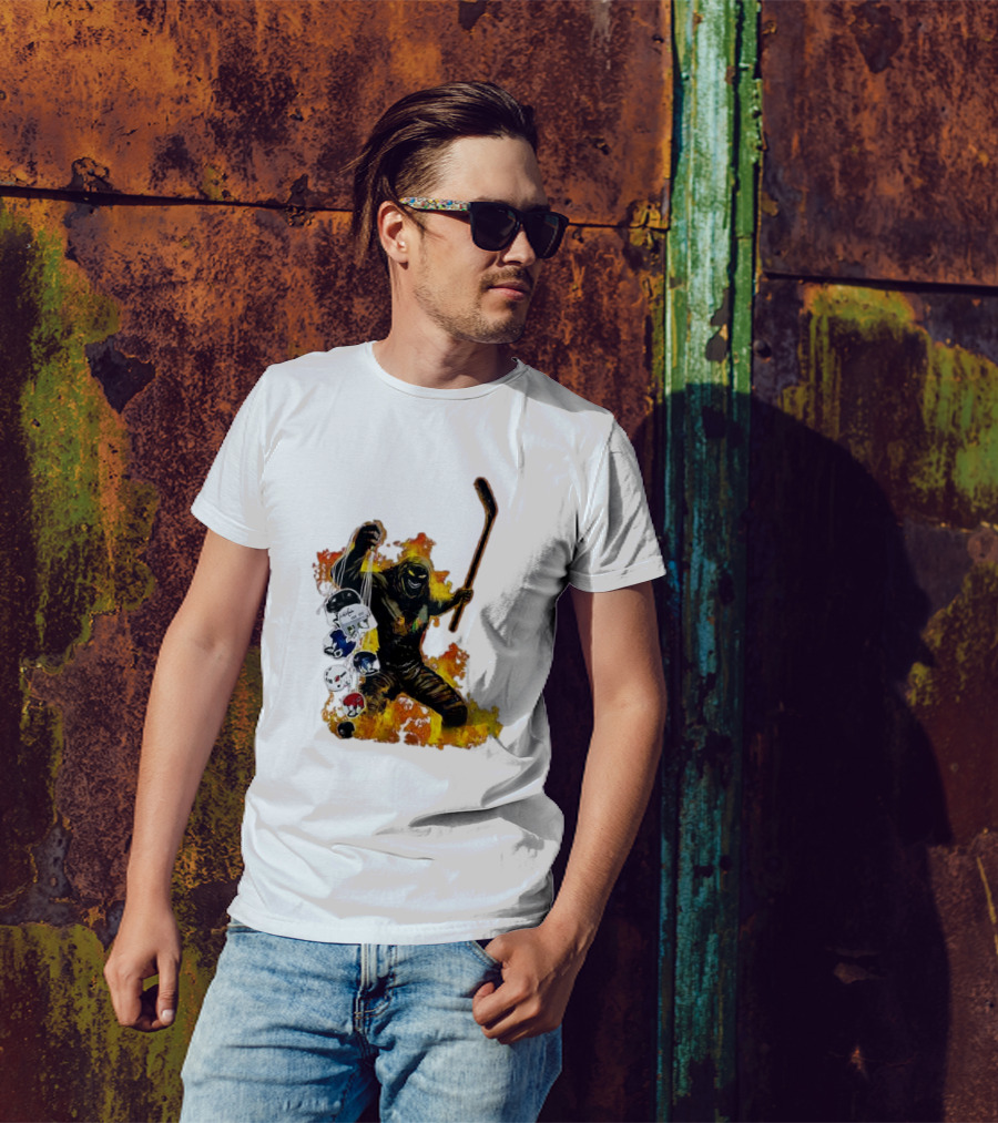 Evil Fire Hockey Player Holding Chicago Blackhawks And NHL Helmets T-Shirt