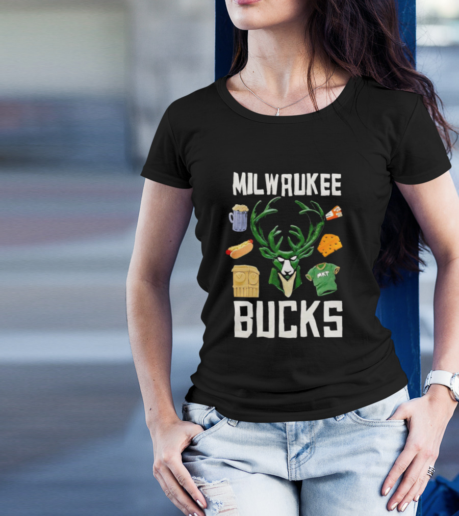 Milwaukee Bucks NBA Market Claymation Deer Cheese Hot Dog Beer T-Shirt
