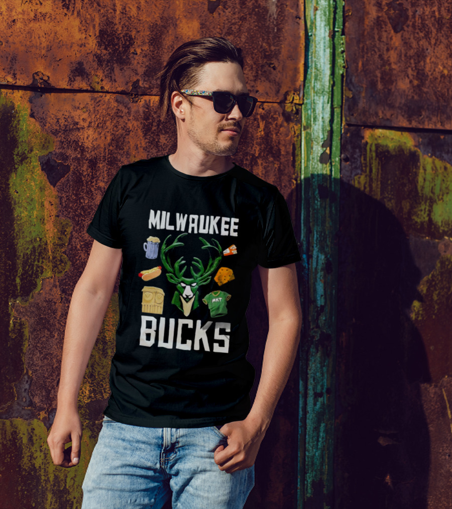 Milwaukee Bucks NBA Market Claymation Deer Cheese Hot Dog Beer T-Shirt
