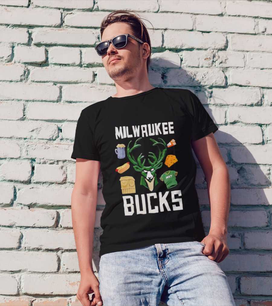Milwaukee Bucks NBA Market Claymation Deer Cheese Hot Dog Beer T-Shirt