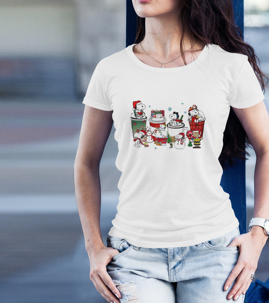 Snoopy And Friends Christmas Coffee Cups Scene Peanuts Holiday T-Shirt