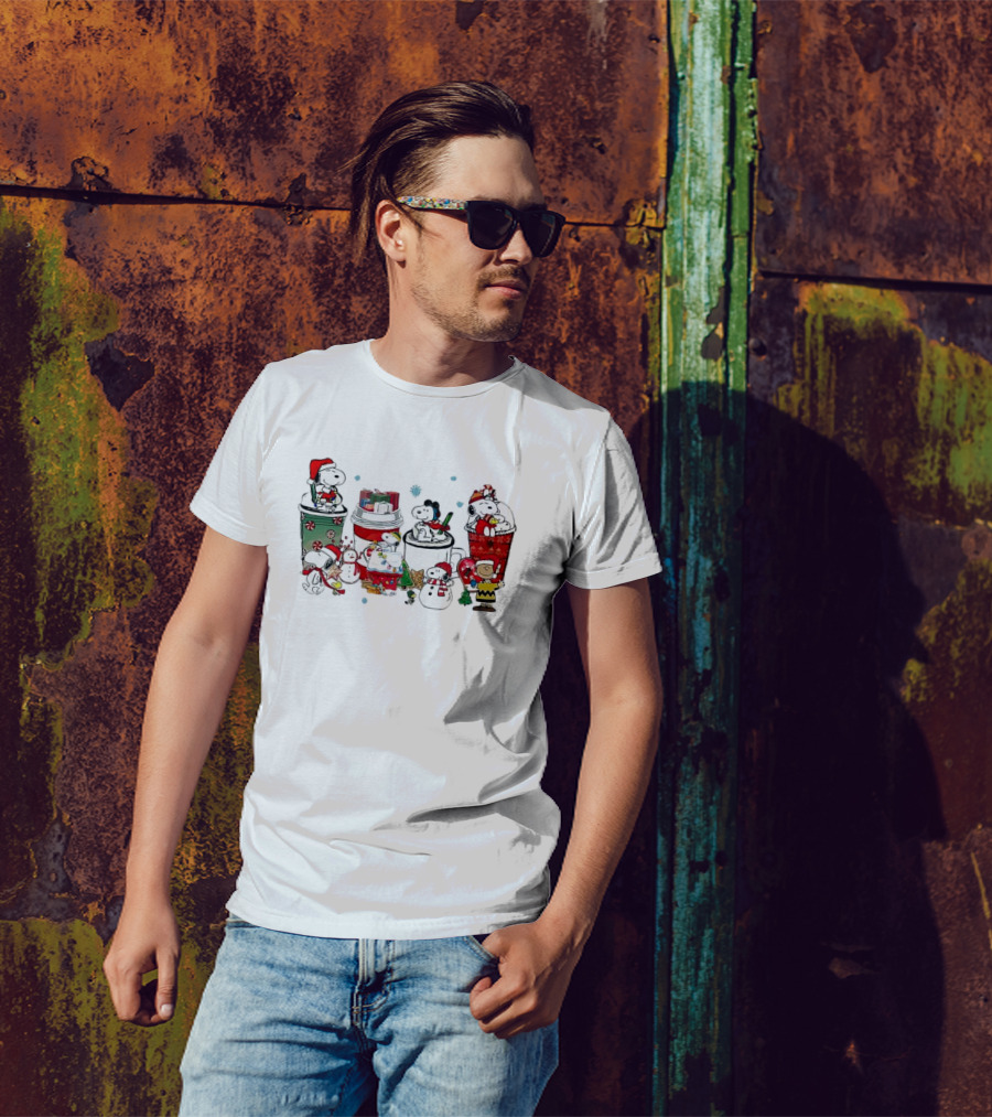 Snoopy And Friends Christmas Coffee Cups Scene Peanuts Holiday T-Shirt