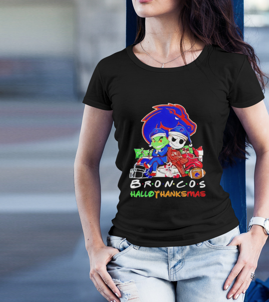 Broncos HalloThanksMas Grinch And Jack Skellington Friends T-Shirt