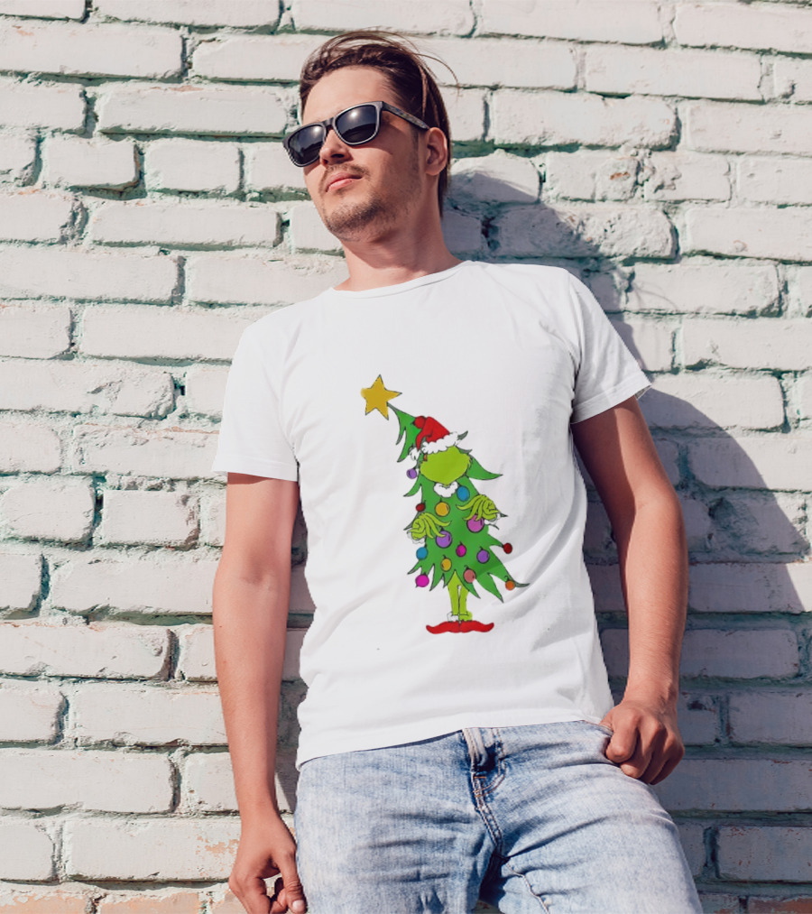 Grinch Christmas Tree Costume With Star And Ornaments T-Shirt