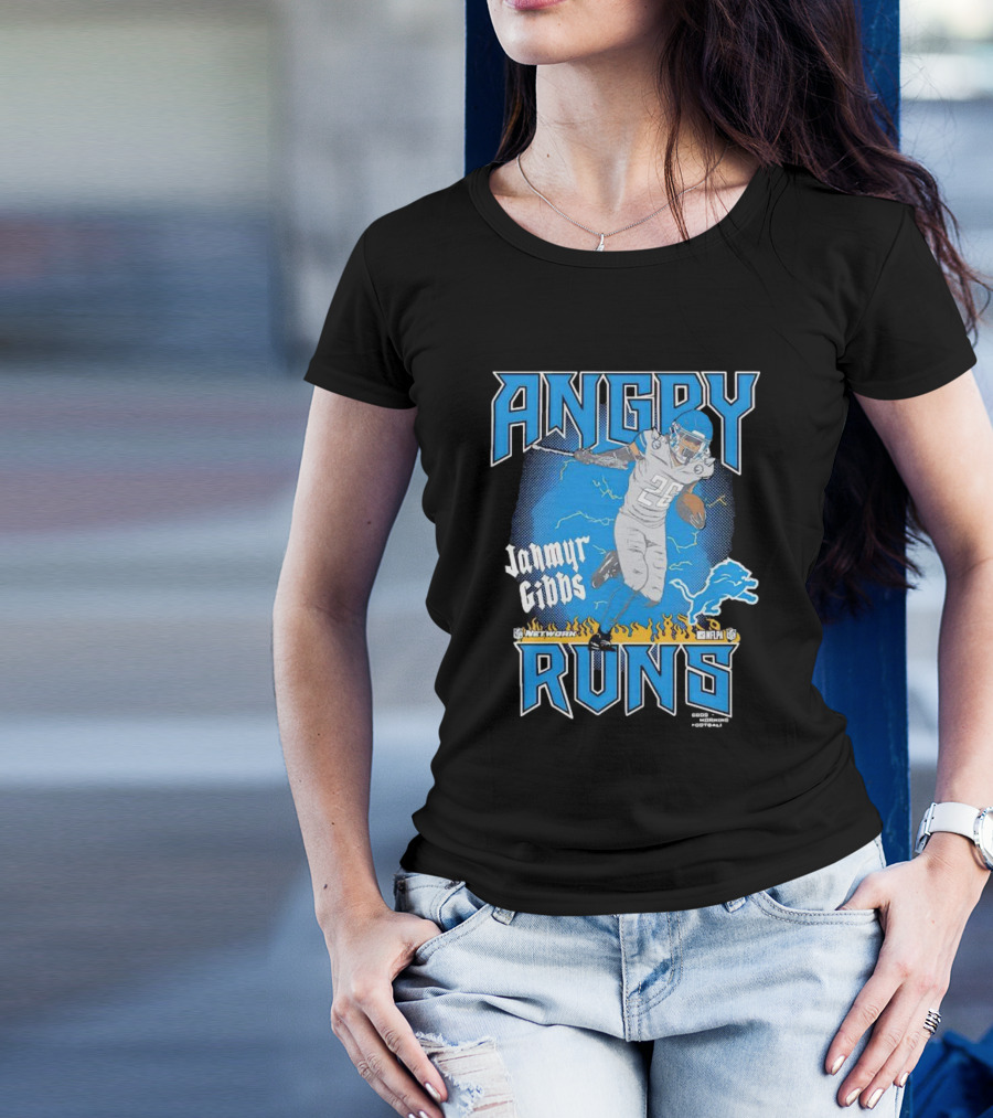 Jahmyr Gibbs Angry Runs Detroit Football Flames And Lion T-Shirt