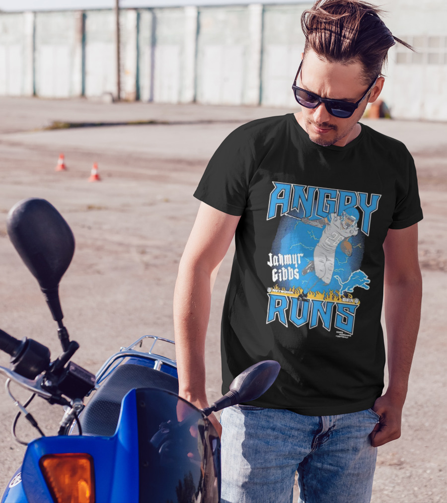 Jahmyr Gibbs Angry Runs Detroit Football Flames And Lion T-Shirt