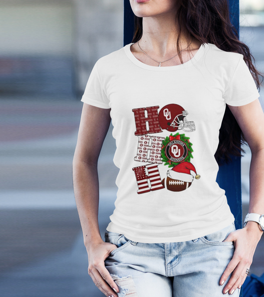 Oklahoma Sooners OU Helmet Wreath Football Santa Ho Ho Ho Christmas T-Shirt