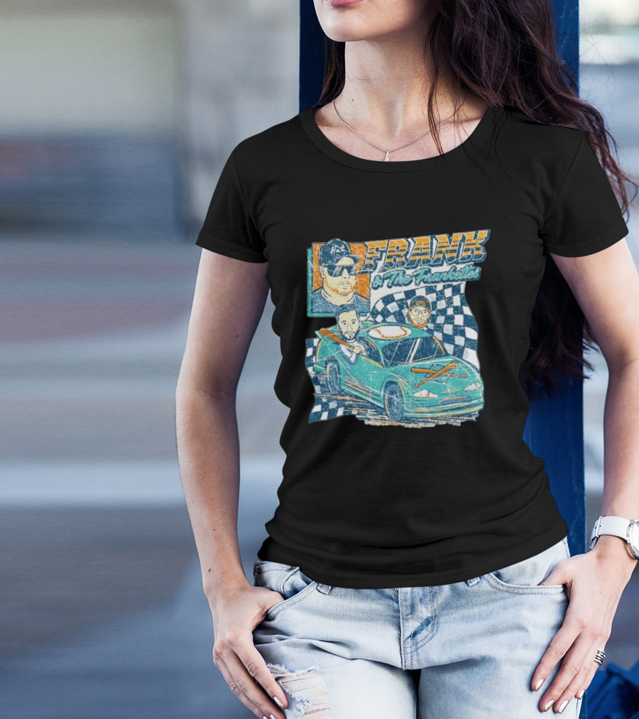 Frank And The Frankettes Racing Car Adventure With Checkered Flags And Cartoon Characters T-Shirt