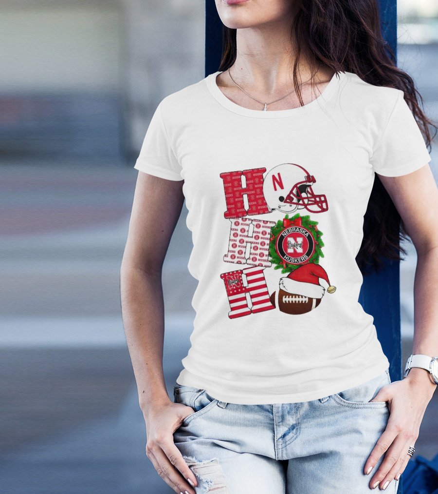 Nebraska Cornhuskers Ho Ho Ho Christmas Football Helmet Wreath Santa Hat Football T-Shirt